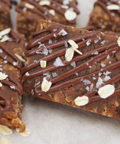 Chocolate protein granola bars arranged on parchment paper