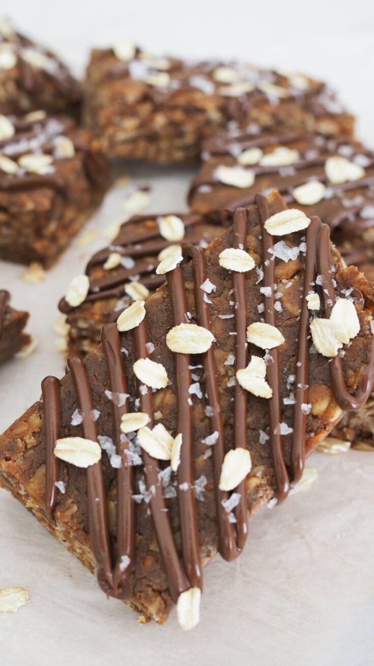 Chocolate granola bars on parchment paper
