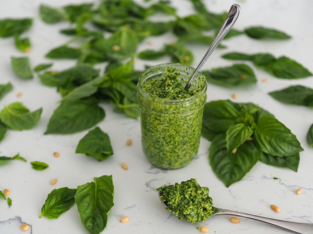 A jar of homemade pesto with a spoon sticking out, and a spoon full of pesto in front of it, with basil leaves and pine nuts around them.