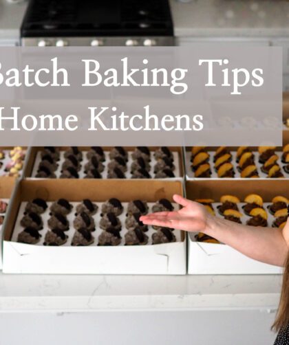 Alyssa stands proudly in front of 230 cupcakes, gesturing at them. An overlay reads, "large batch baking tips for home kitchens."