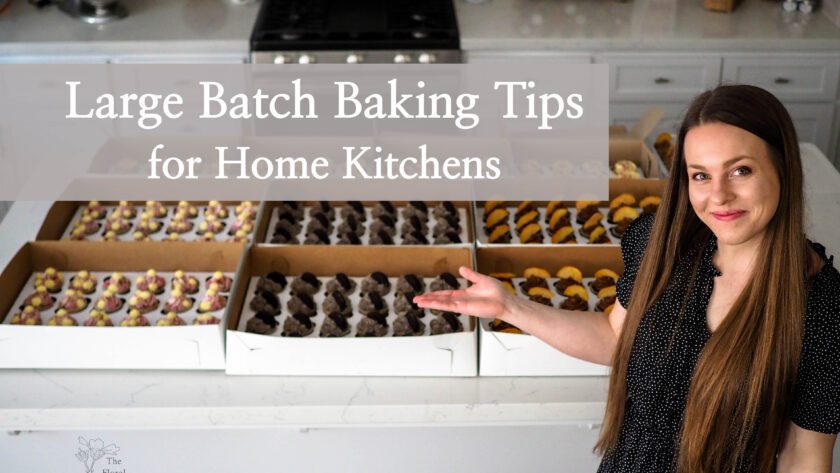 Alyssa stands proudly in front of 230 cupcakes, gesturing at them. An overlay reads, "large batch baking tips for home kitchens."