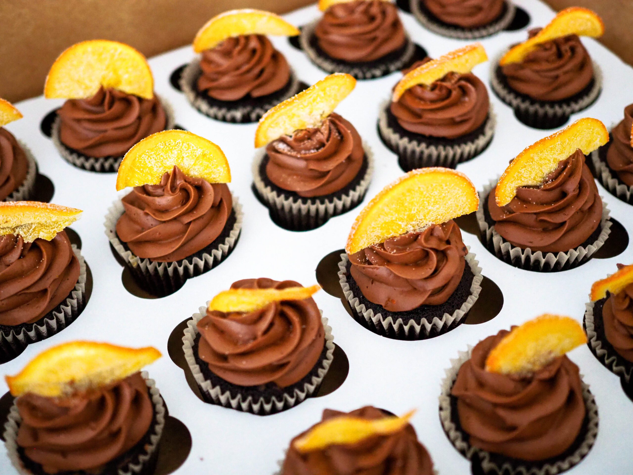 Chocolate orange cupcakes, with a candied orange on top of a swirl of chocolate orange French buttercream.