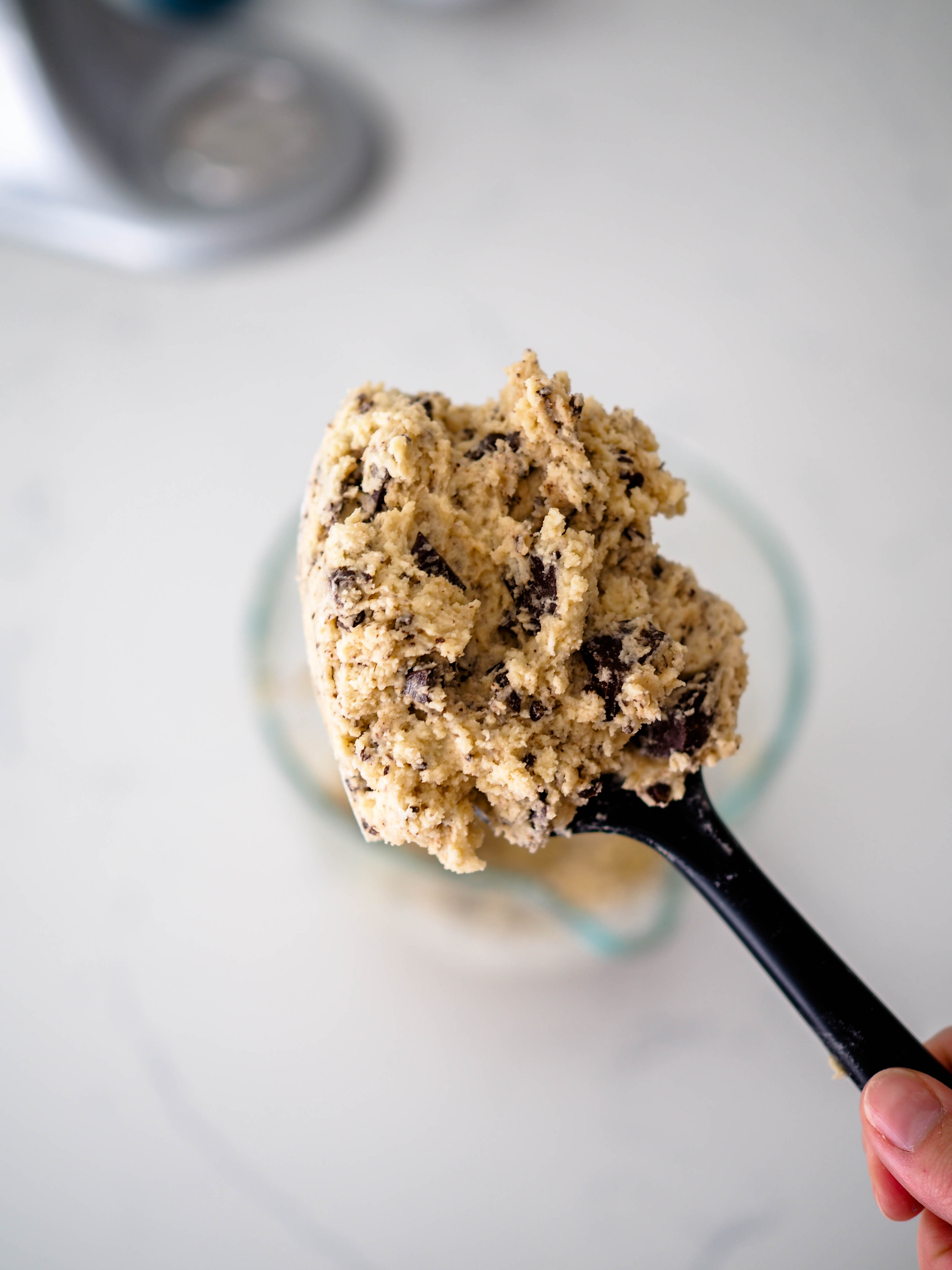 A big spoonful of dark chocolate chunk cookie dough.