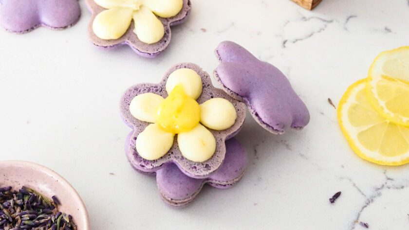 An open-faced, flower-shaped lemon lavender macaron.