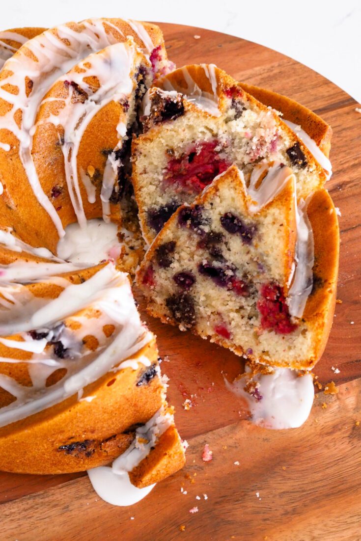 A closeup of slices in a berry Bundt cake.