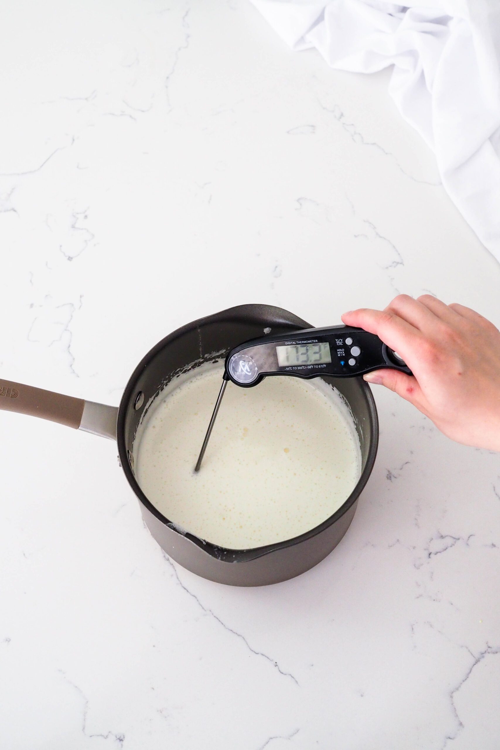A hand sticks an instant read thermometer into a pot of custard ice cream.