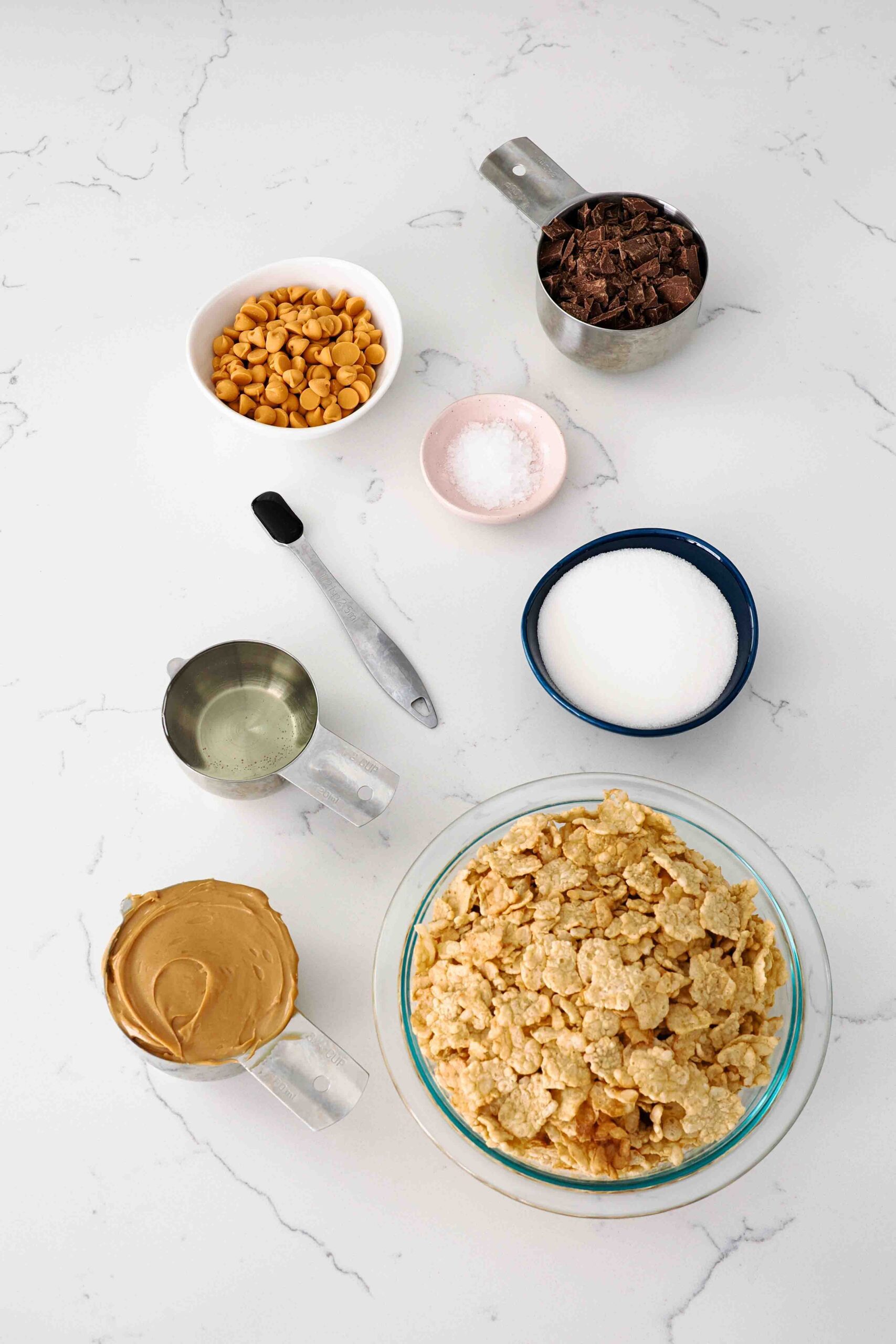 Ingredients for Special K bars on a quartz counter.