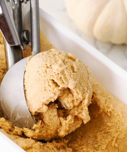 A scoop of homemade pumpkin pie ice cream.
