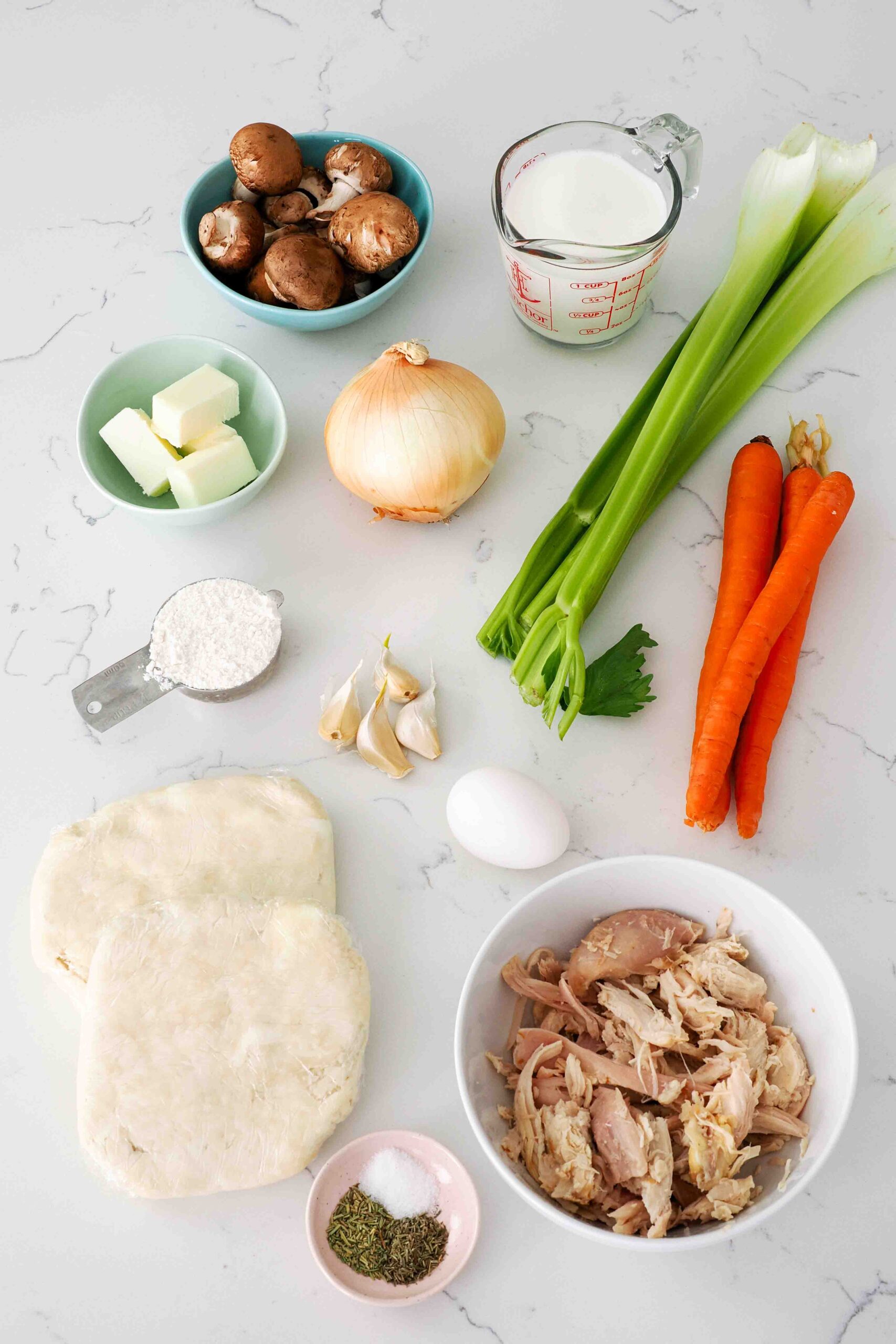 Ingredients needed to make homemade chicken pot pie.