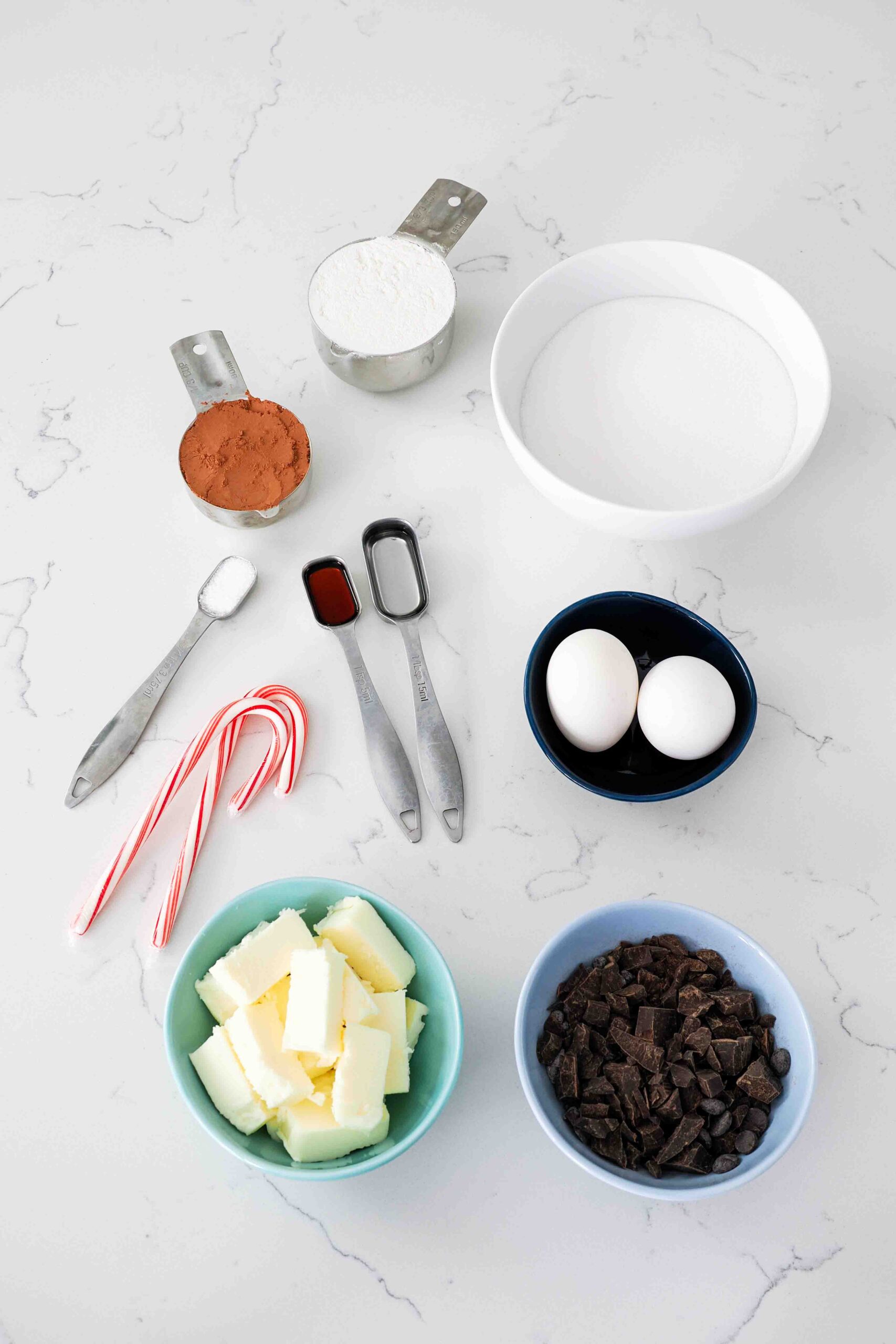 Ingredients for peppermint brownies on a quartz counter.