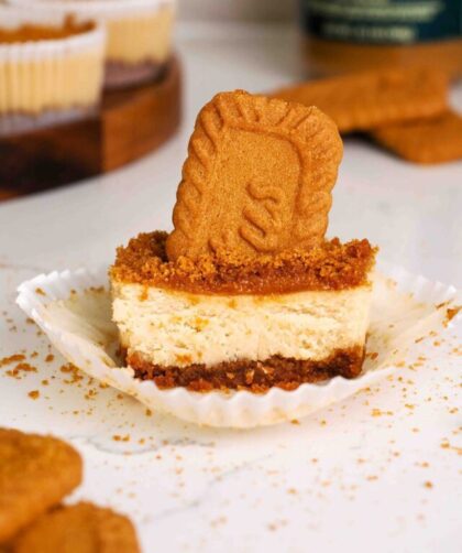 A mini Biscoff cheesecake on a paper liner is cut in half. There is half of a Biscoff cookie sticking out of it.