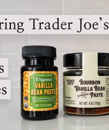 Three of Trader Joe's vanilla products on a quartz kitchen counter with the overlay "Comparing Trader Joe's Vanilla Extracts & Pastes."