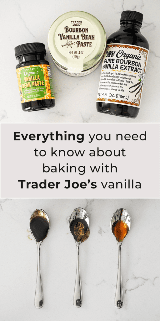 Two images of Trader Joe's vanilla products separated by text that reads, "Everything you need to know about baking with Trader Joe's vanilla."
