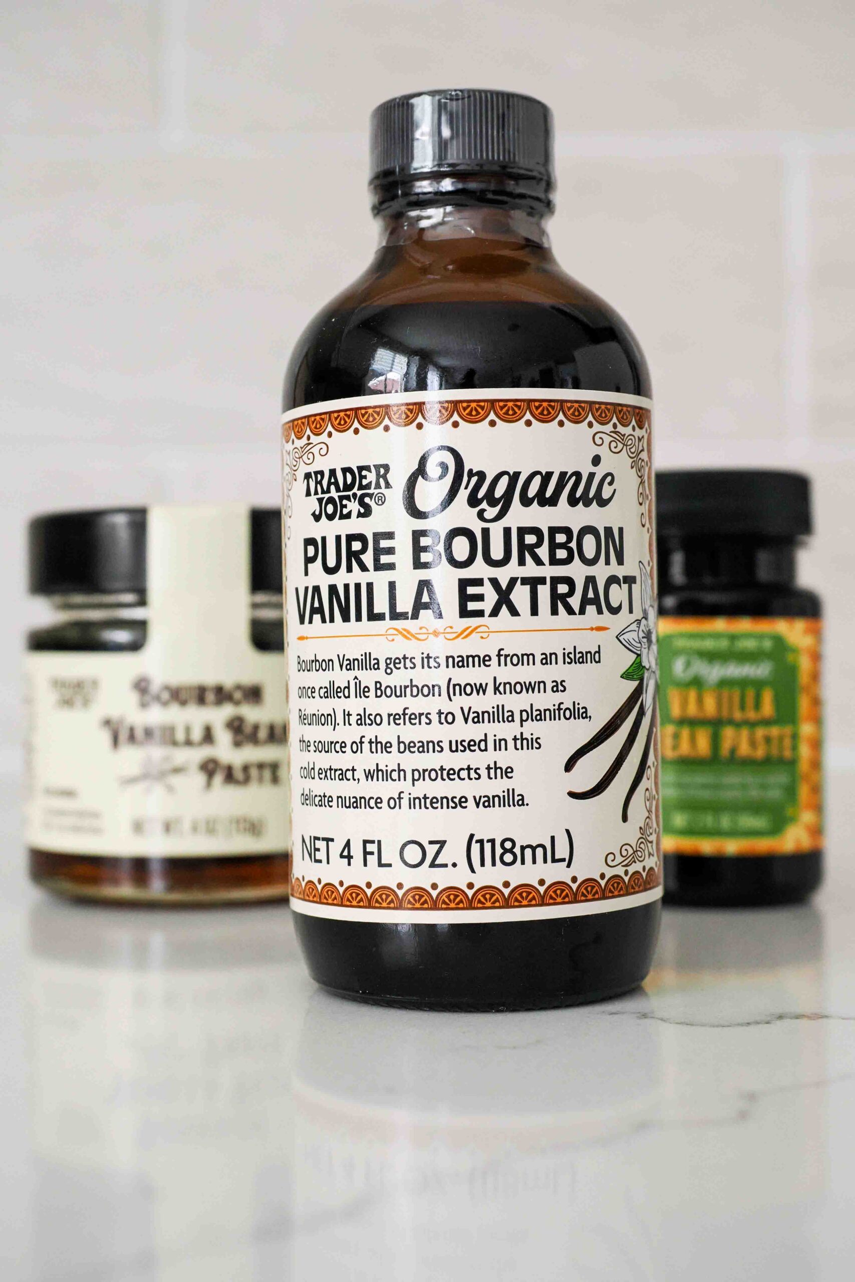 An unopened bottle of Trader Joe's Organic Pure Bourbon Vanilla Extract.