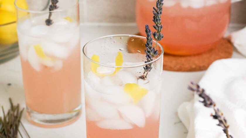 Lavender lemonade in tall glasses.