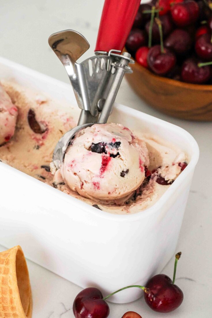 A closeup of a scoop of black cherry ice cream with a swirl of cherry jam.