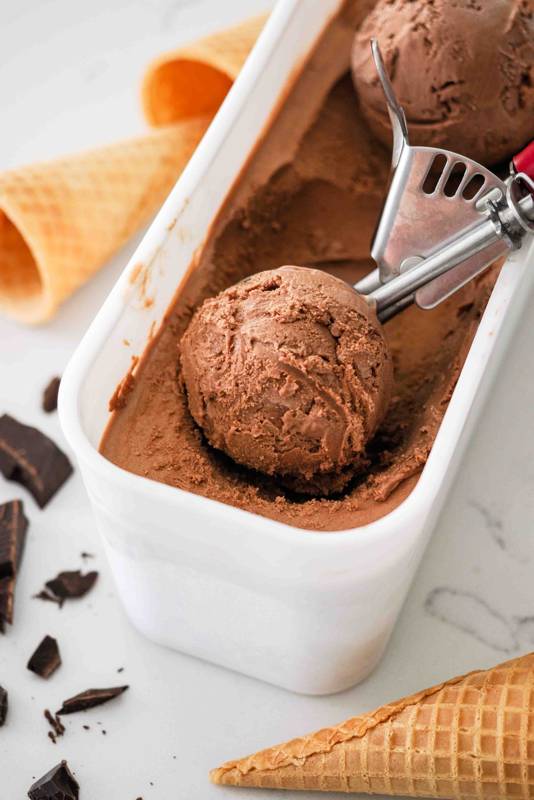 A scoop of double chocolate ice cream in the container.