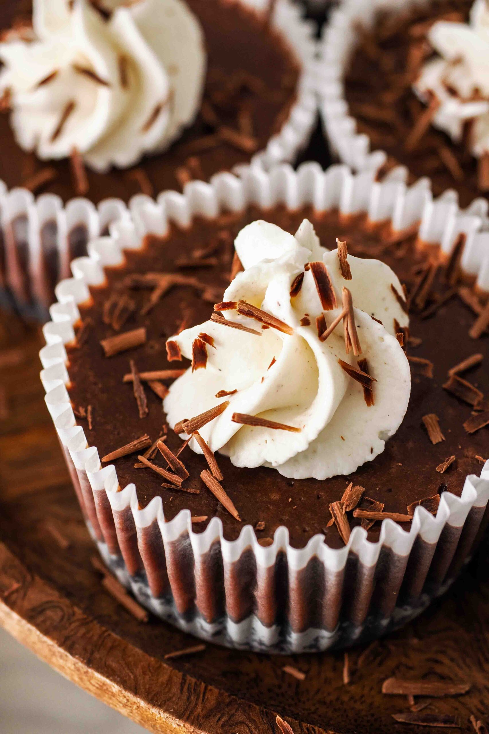 A closeup of a mini chocolate cheesecake.