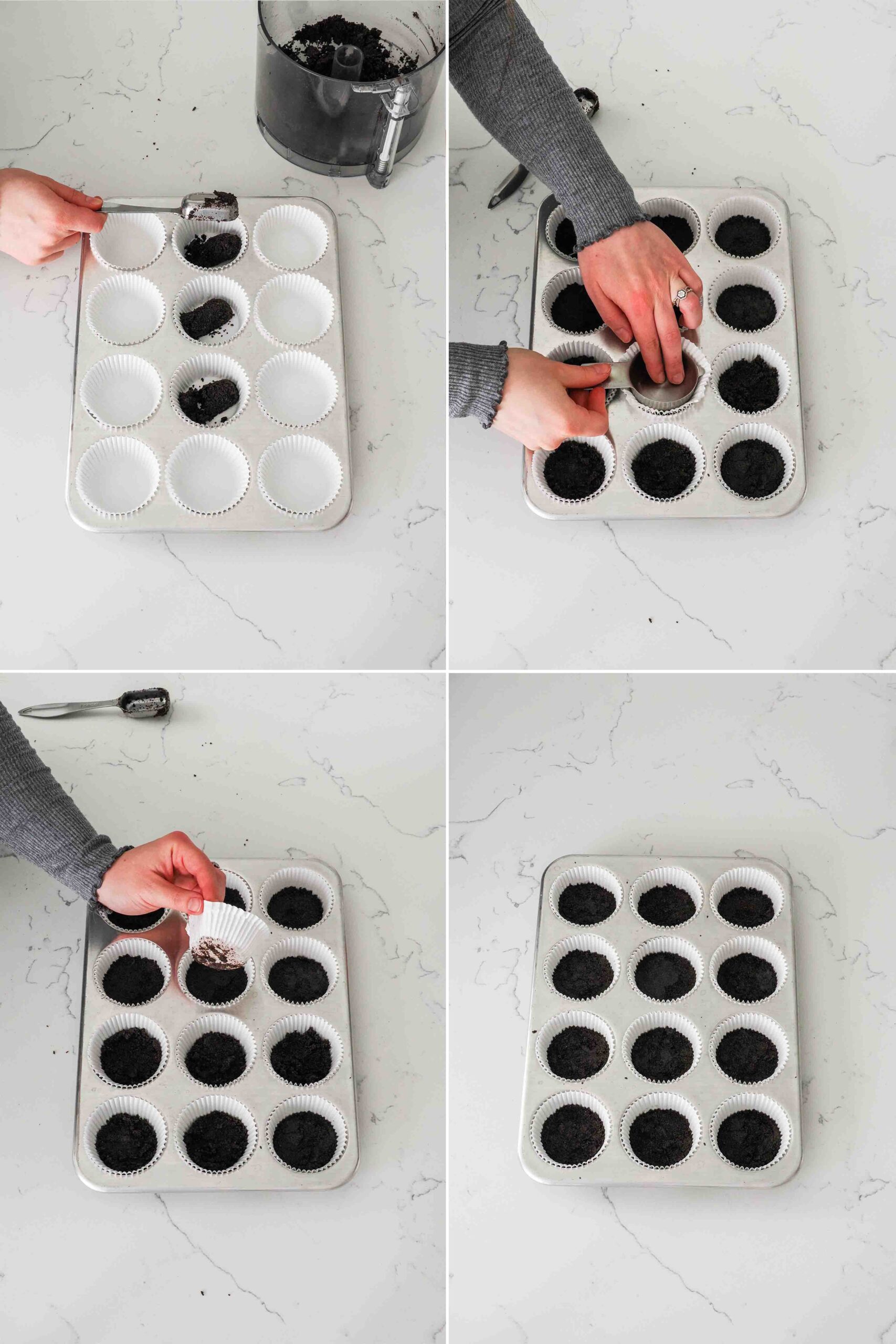 A four-part graphic that shows how to fill and pack cookie crust into paper liners with a measuring cup.