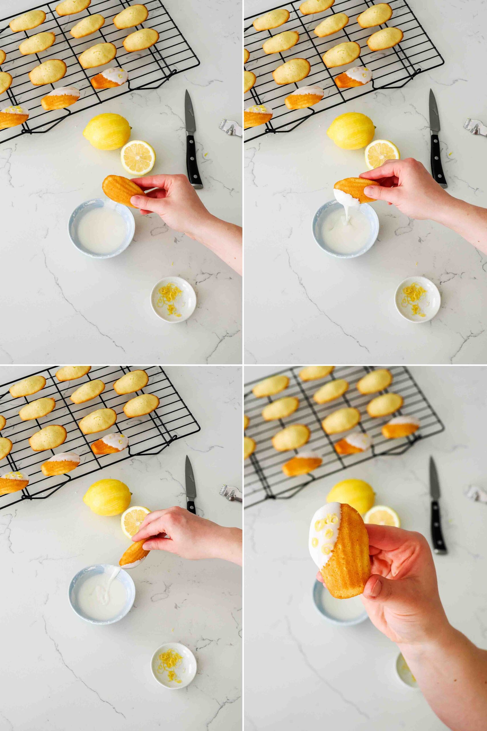 A four-prat graphic showing how to dip madeleines into a lemon glaze.