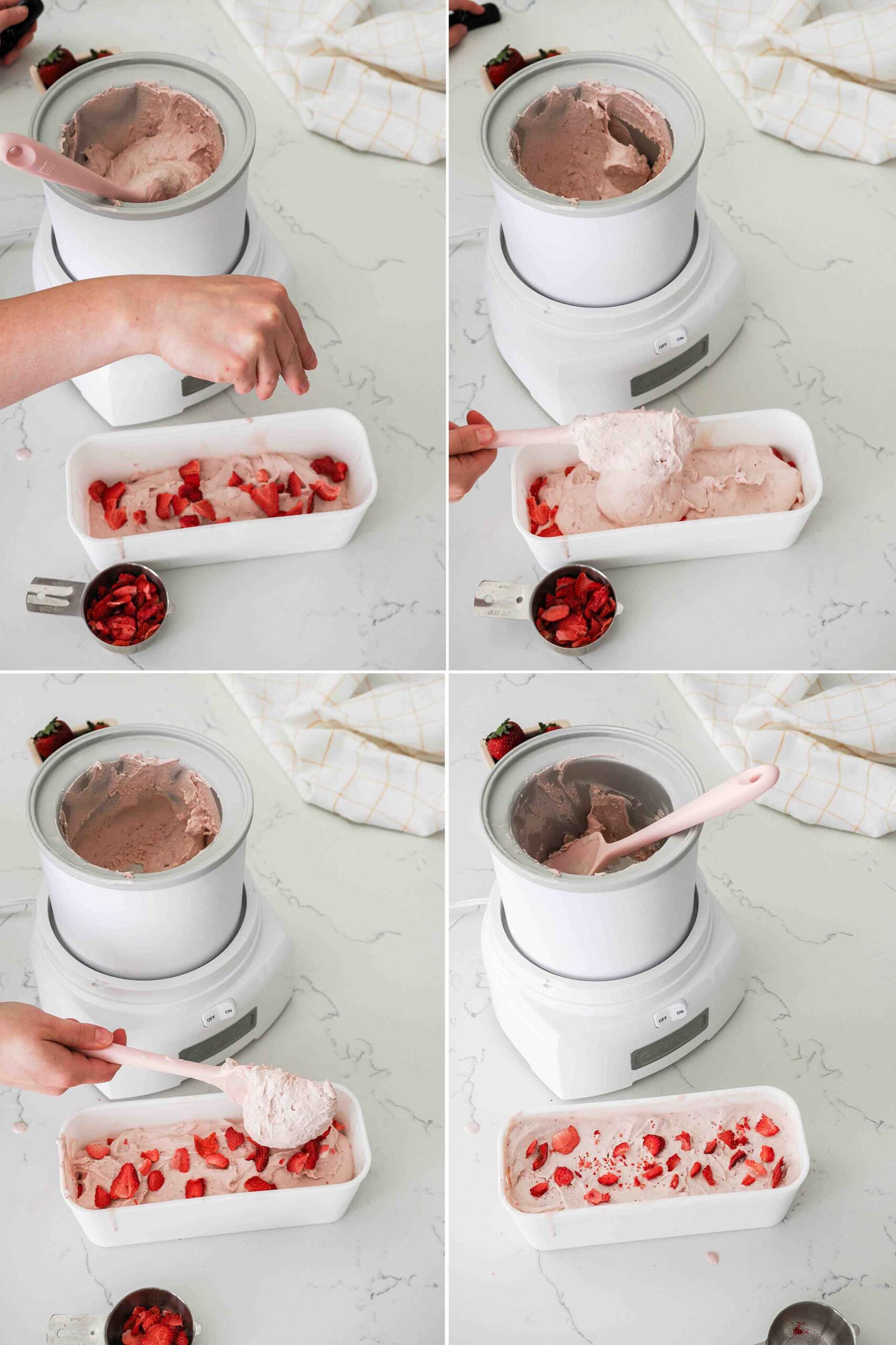 A four part graphic showing how to layer freeze-dried strawberries into a container with freshly churned strawberry ice cream.
