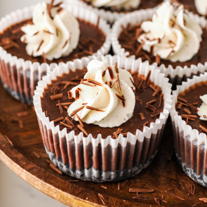 A closeup of a mini chocolate cheesecake.