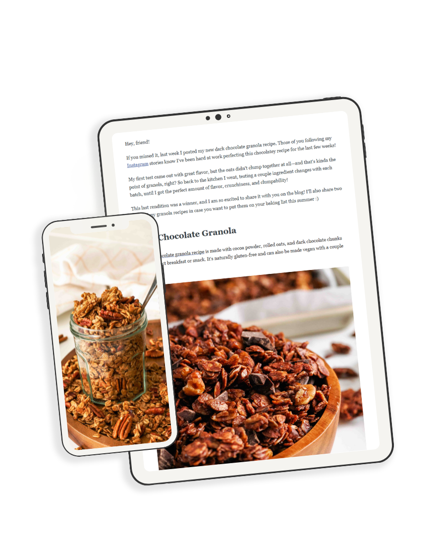 Two devices with screenshots of a newsletter about granola.