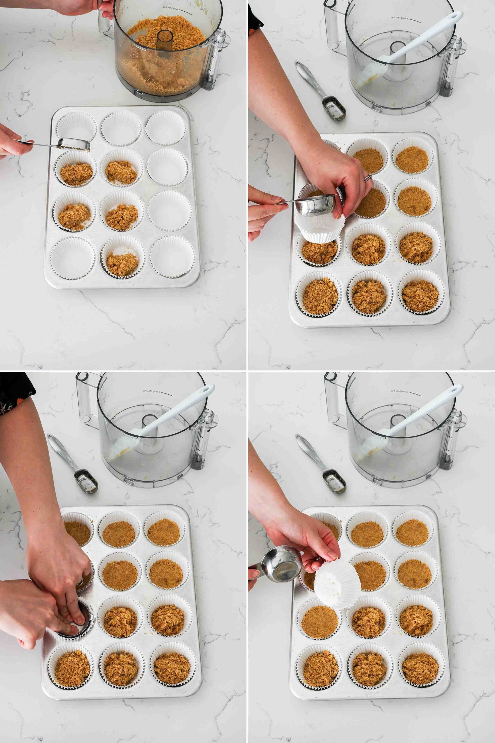 A four-part graphic showing how to press down the graham cracker crust for mini cheesecakes.