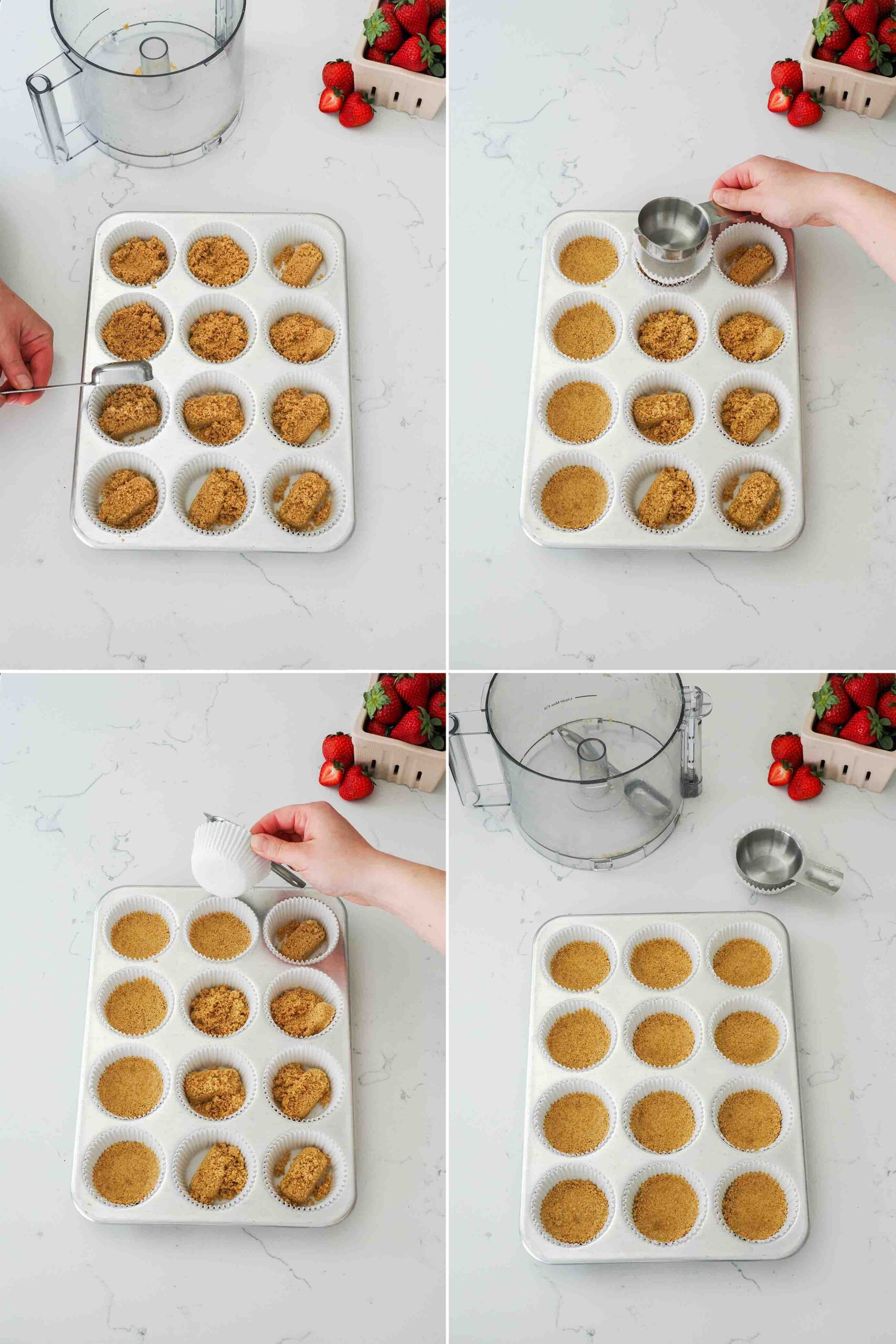 A graphic showing how to press graham cracker crust into lined muffin cups with a measuring cup.