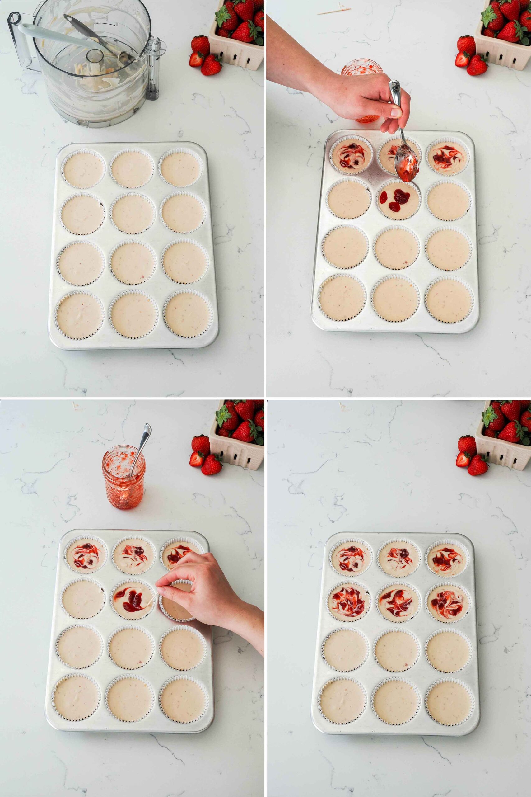 A graphic showing how to swirl strawberry jam into mini strawberry cheesecakes.