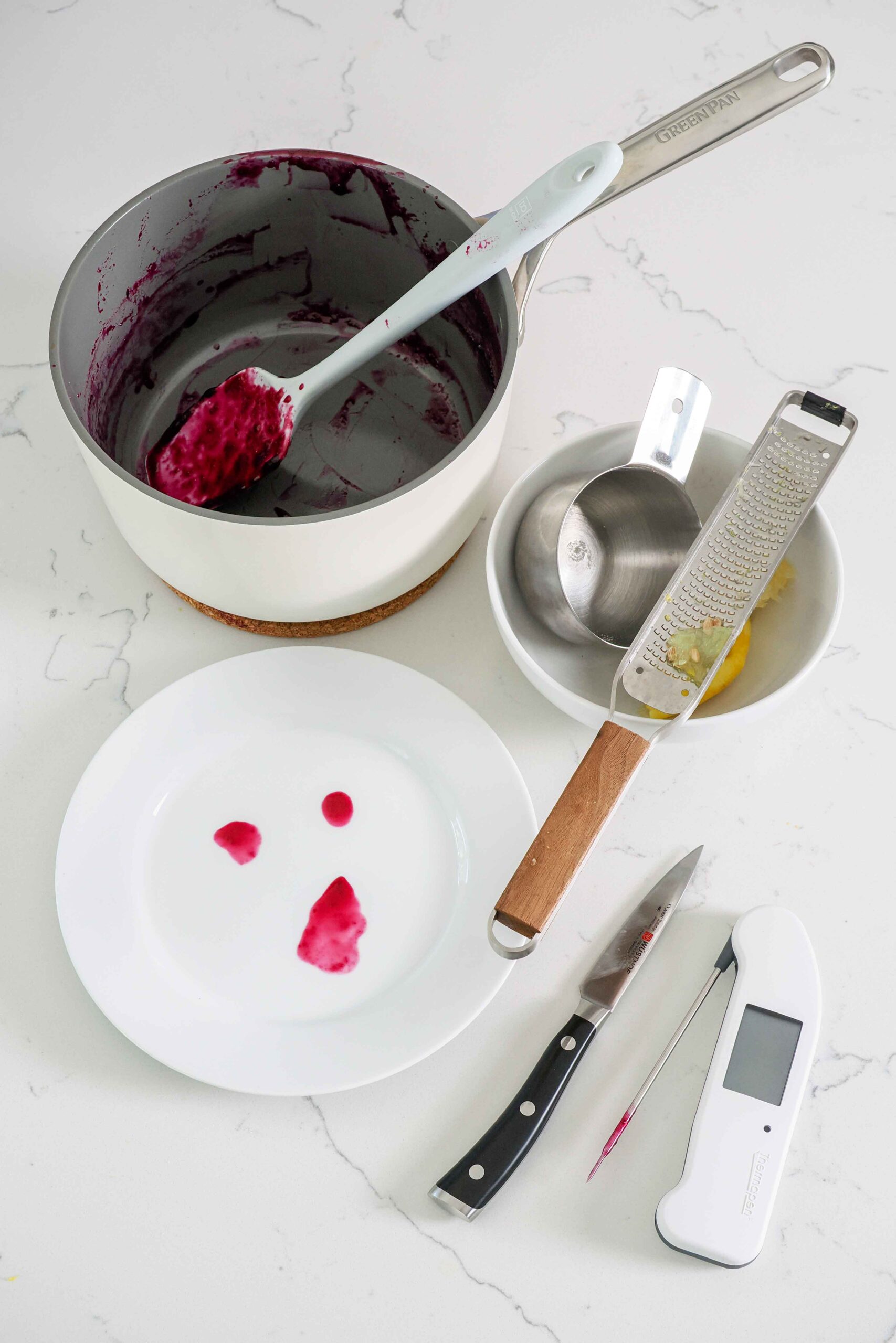 Dishes used to make small batch blueberry jam.