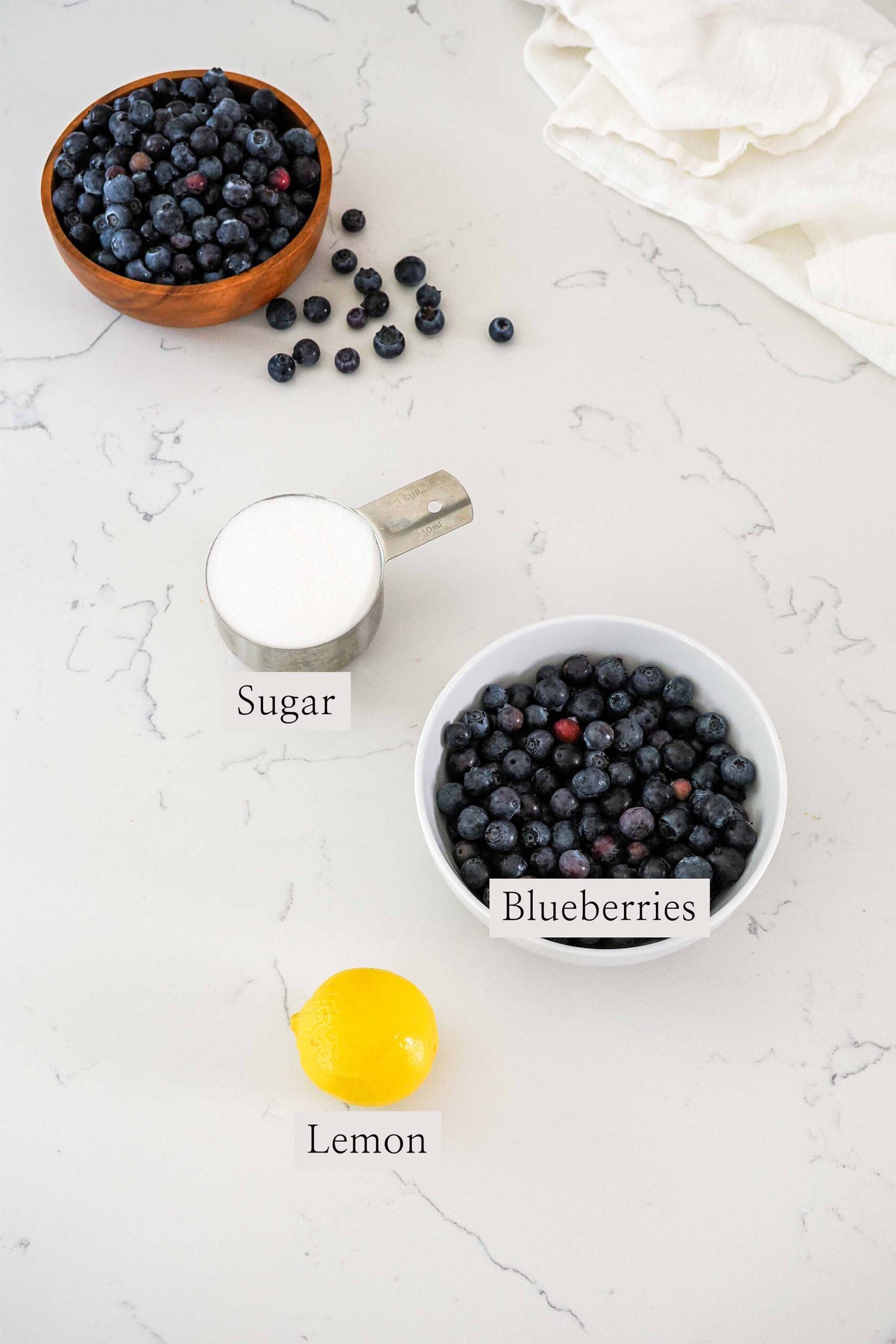 Ingredients needed to make small batch blueberry jam.
