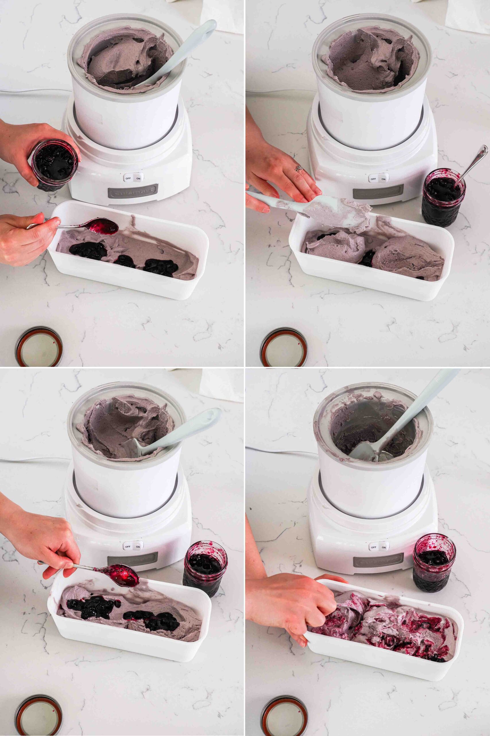 A four-part graphic showing how to layer churned blueberry ice cream and blueberry jam to make a ripple.