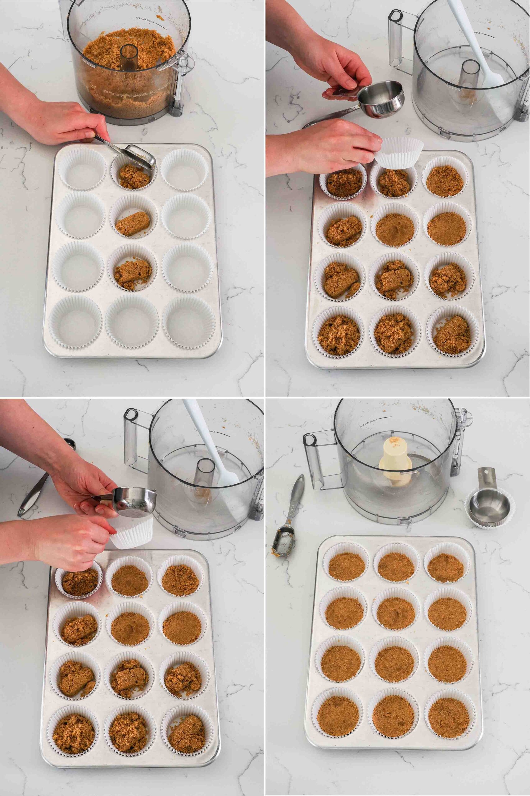 A four-part graphic showing how to press the graham cracker crust into a lined muffin pan.