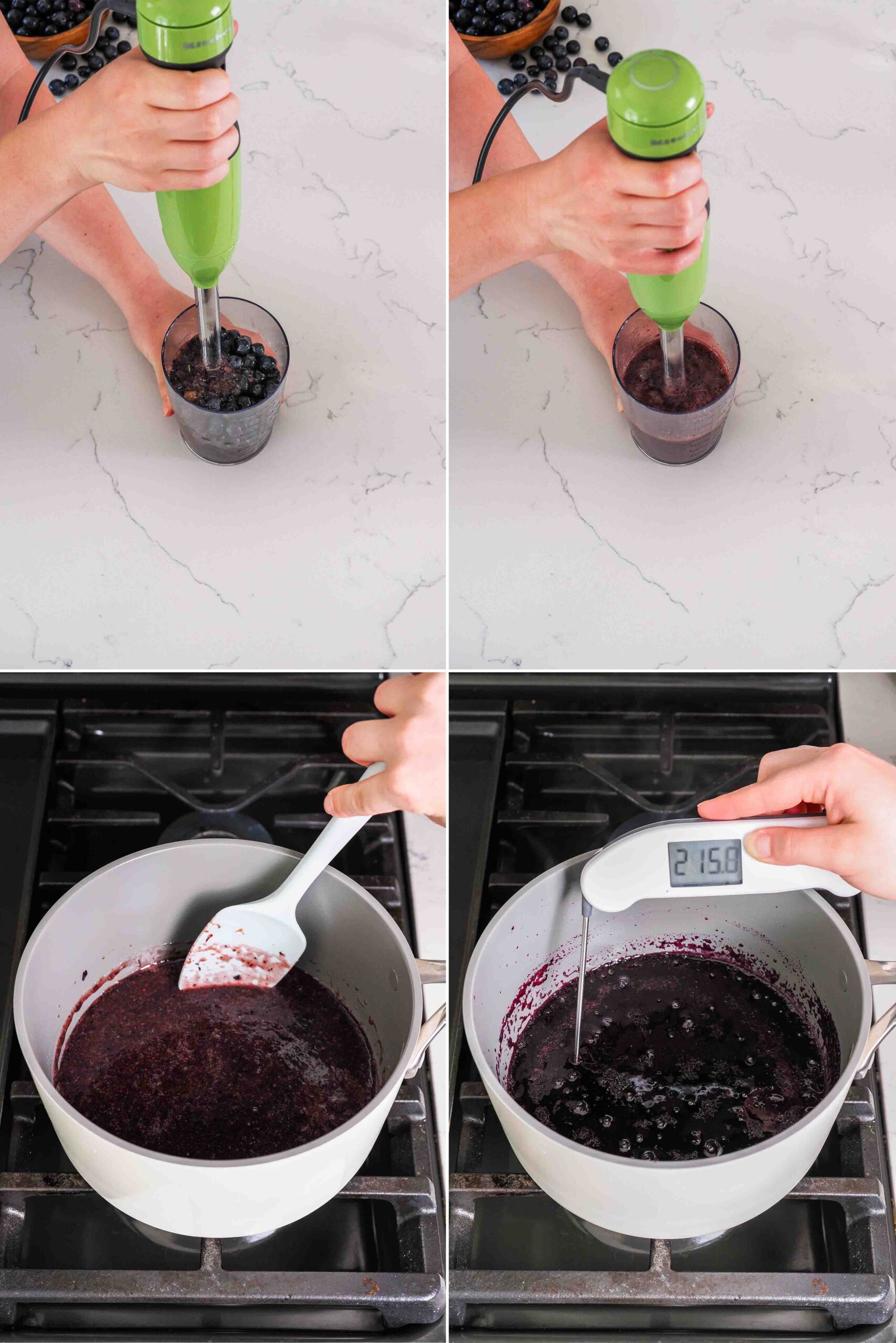 A four-part graphic showing how to puree blueberries with an immersion blender, then cook them with sugar to 215°F over the stove.