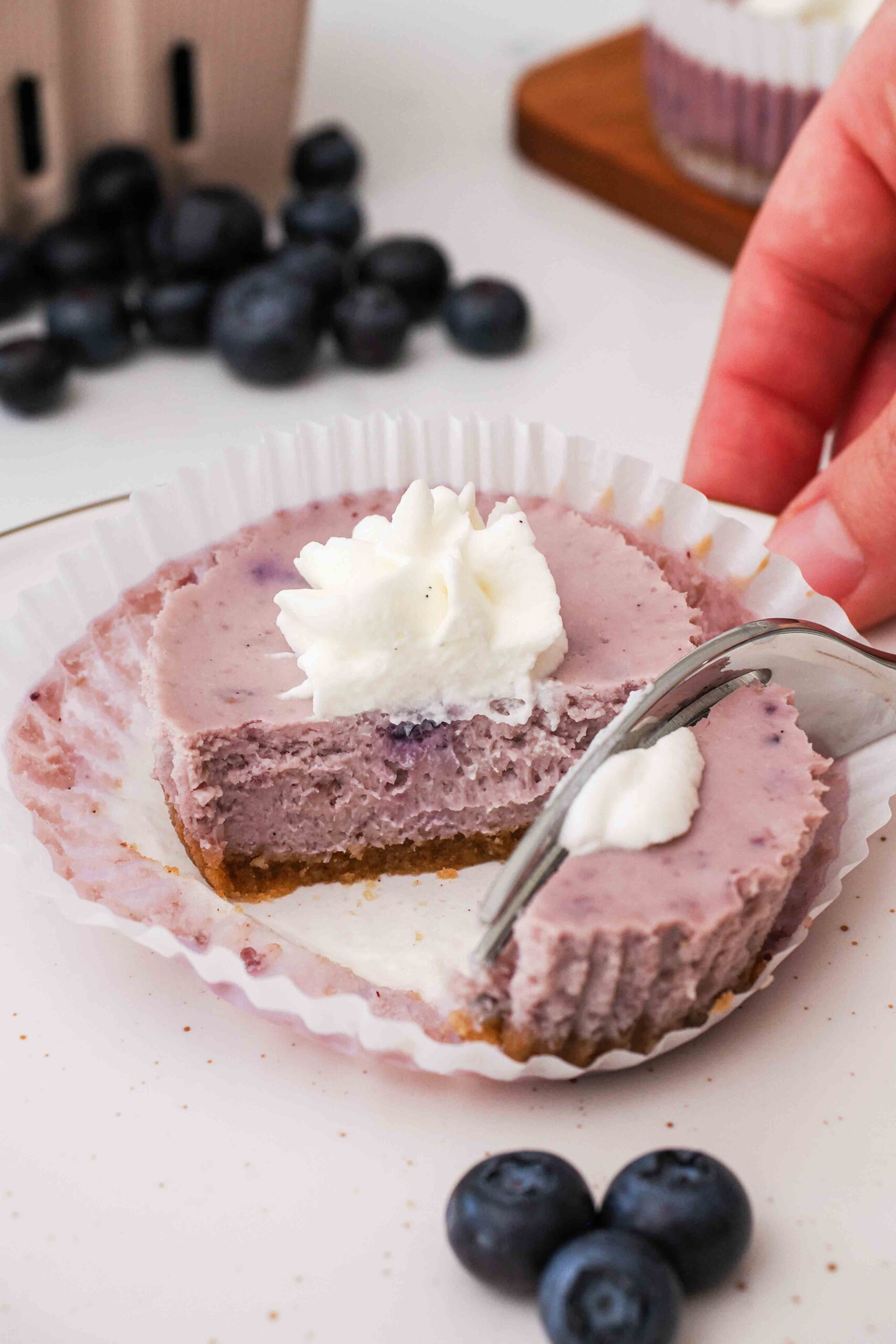 A mini blueberry cheesecake is cut half with a fork on a plate.