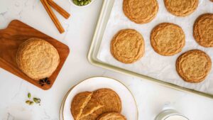 An overhead image of chai cookies arranged on a counter.